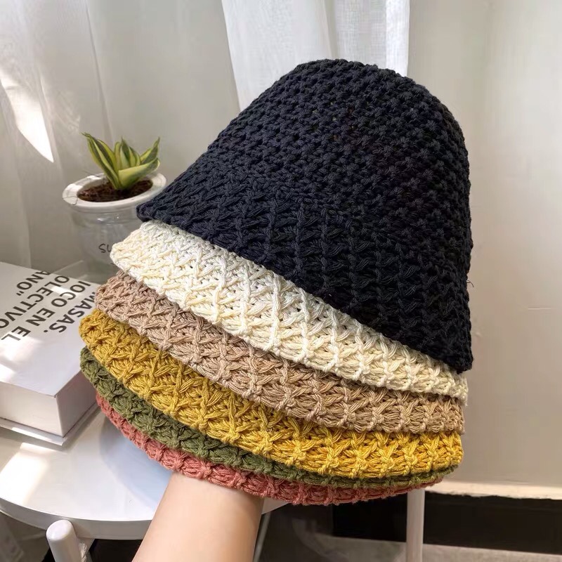 ins风简约百搭日系小众黑色水桶帽女镂空透气遮阳渔夫帽钟型盆帽