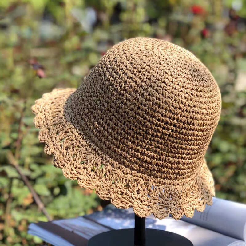 手工编制镂空交叉水桶草帽女夏小清新文艺遮阳帽日系小沿渔夫帽子详情图3