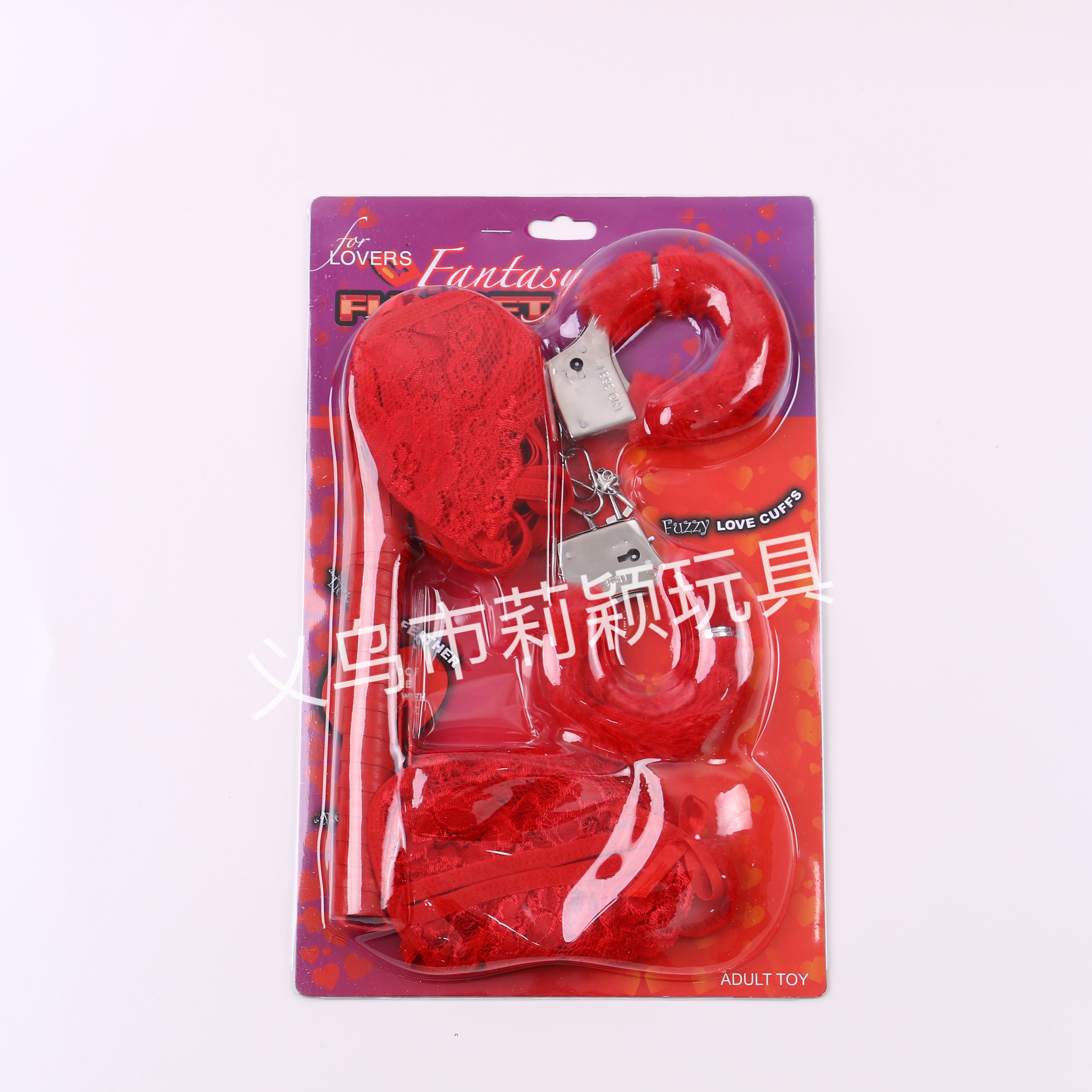SM情侣四件套装情人节游戏套装万圣节产品  南美外贸产品 PU 好皮鞭+内衣内裤+毛绒手铐粉 红色四件套 LY-113详情图2