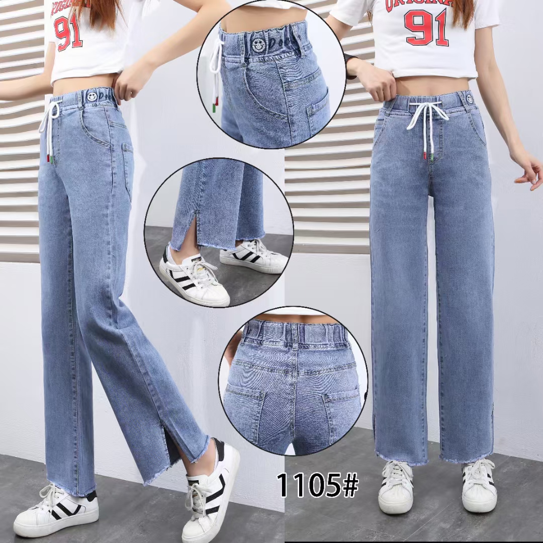 New 2021 spring style light blue nine-tenths stretched-waist elastic fringed split wide-leg straight-leg jeans
