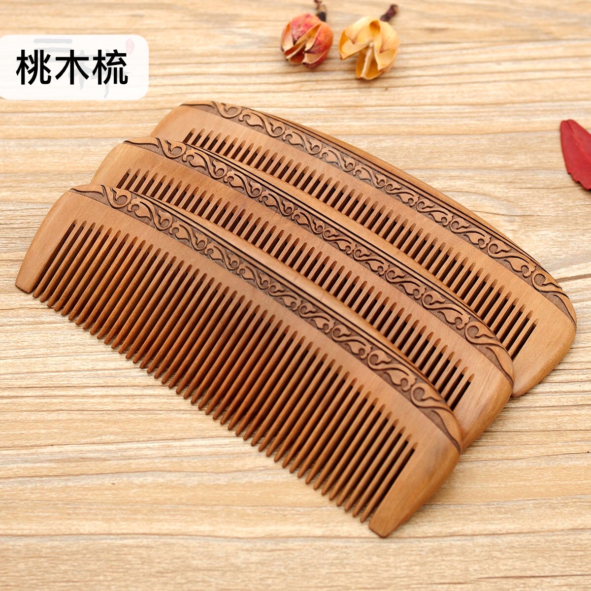 Factory direct sales: Natural log material old peach wood comb, double-sided carving process comb, crescent-shaped comb detail image 3
