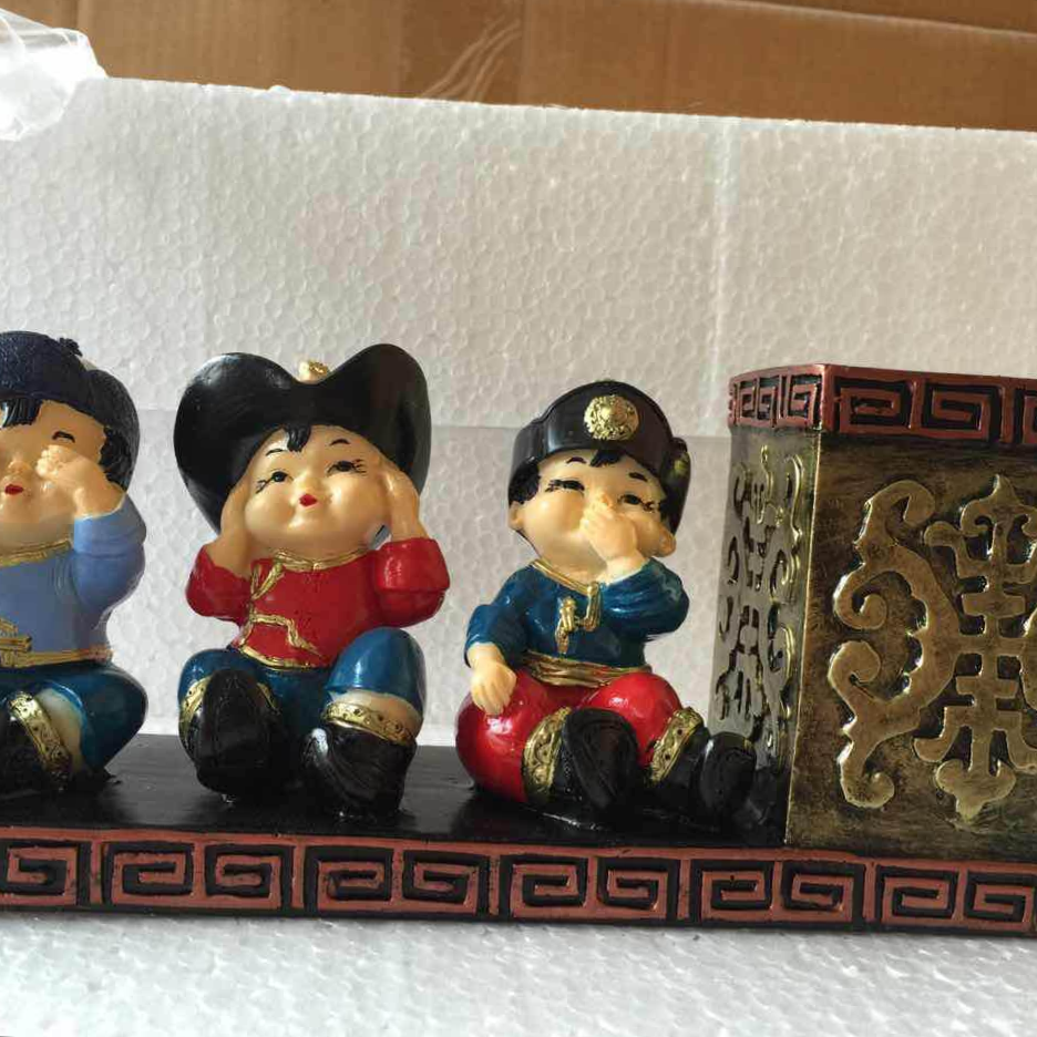树脂蒙古特色工艺品三不小孩笔筒摆件