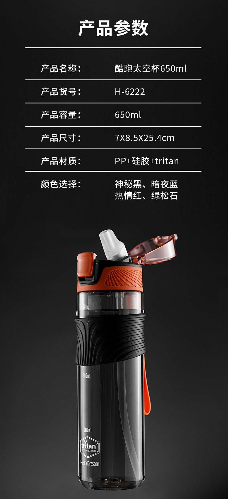 # Hellodream上诚新品上市
*H-6222 酷跑太空杯650ML
*美国进口Tritan环保材质
*自弹式硅胶详情图1