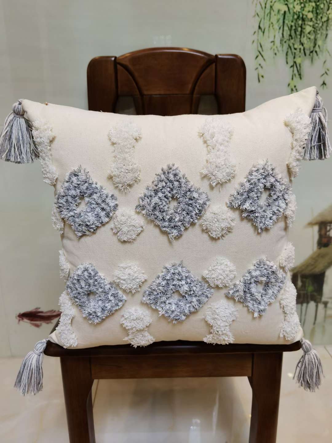 Nordic fresh and clean pure cotton pok-stitch embroidered cushions and backrests detail image 3