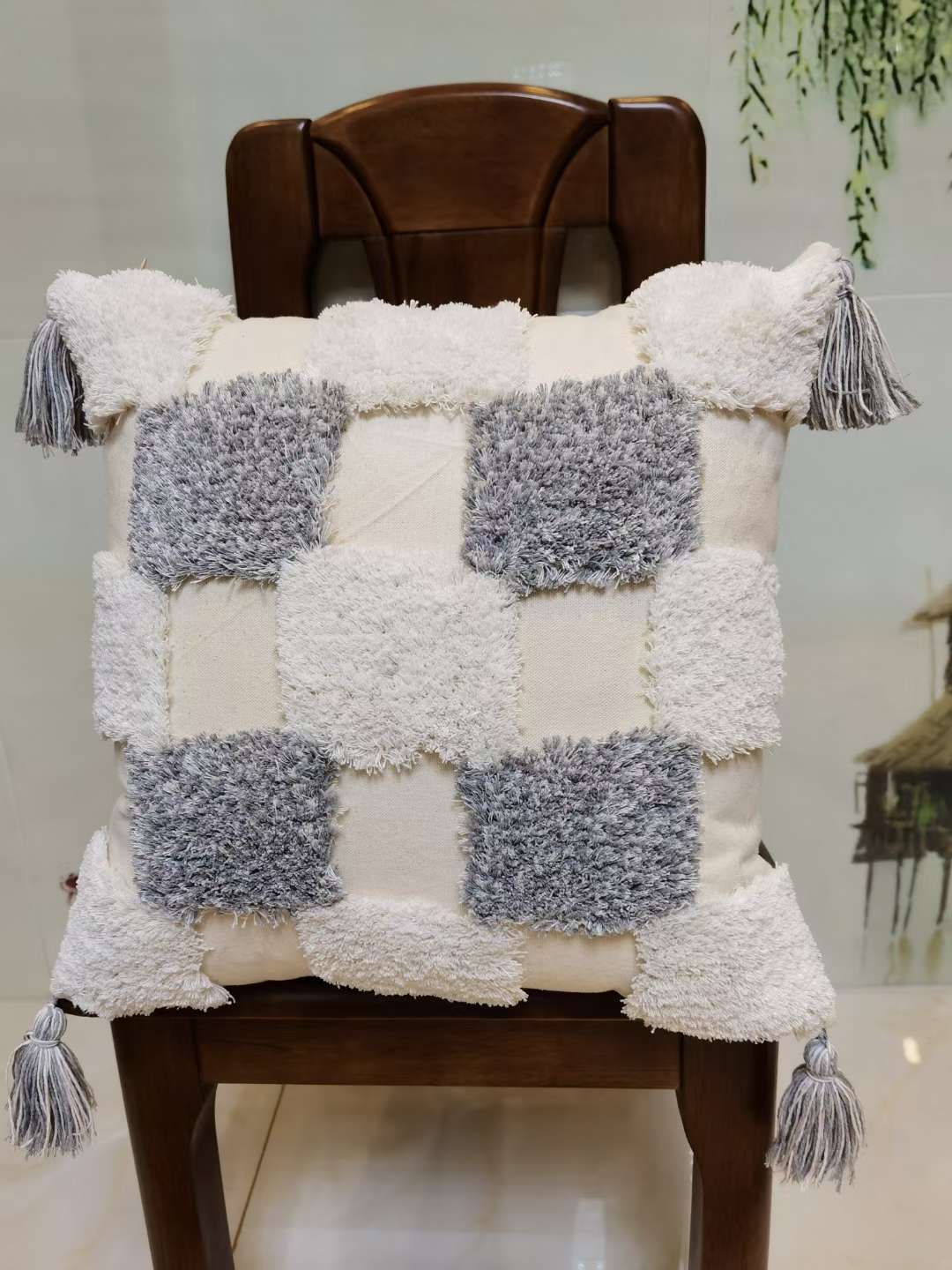 Nordic fresh and clean pure cotton pok-stitch embroidered cushions and backrests detail image 6