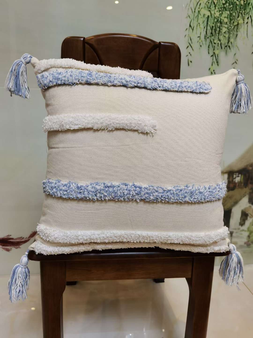 Nordic fresh and clean pure cotton pok-stitch embroidered cushions and backrests detail image 4