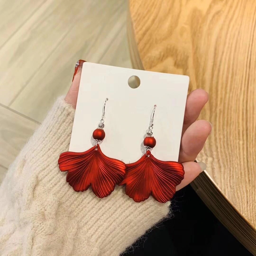 S925 Silver Rose Petal Earring Elegant sweet fashion red Ginkgo leaf earring hook festive eardrop gift