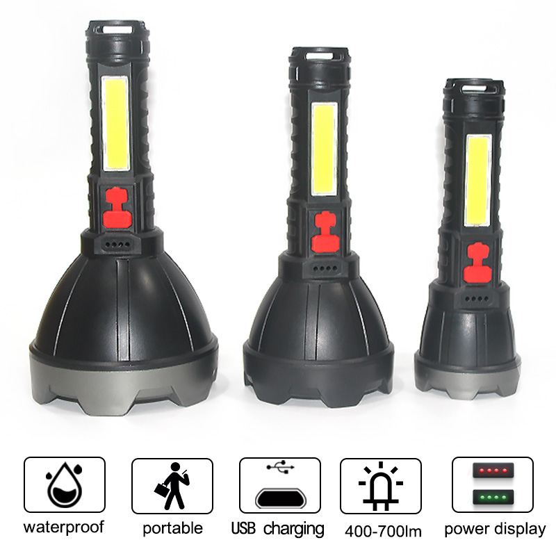 新款强光COB手电筒 usb充电带侧灯家用led巡逻灯塑料手电筒详情图7