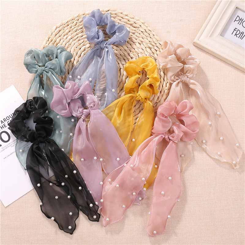 Korean Headdress Hair Tie Net Red Sweet And Lovely Chiffon Balls Head Ponytail Pearl Long Streamer Headband details Picture