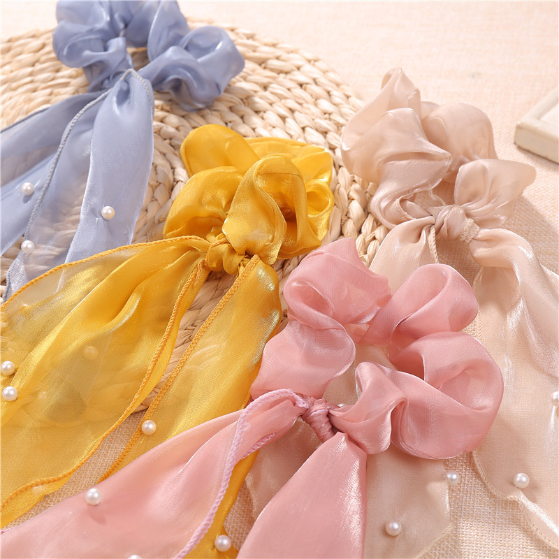 Korean Headdress Hair Tie Net Red Sweet And Lovely Chiffon Balls Head Ponytail Pearl Long Streamer Headband Specification drawing