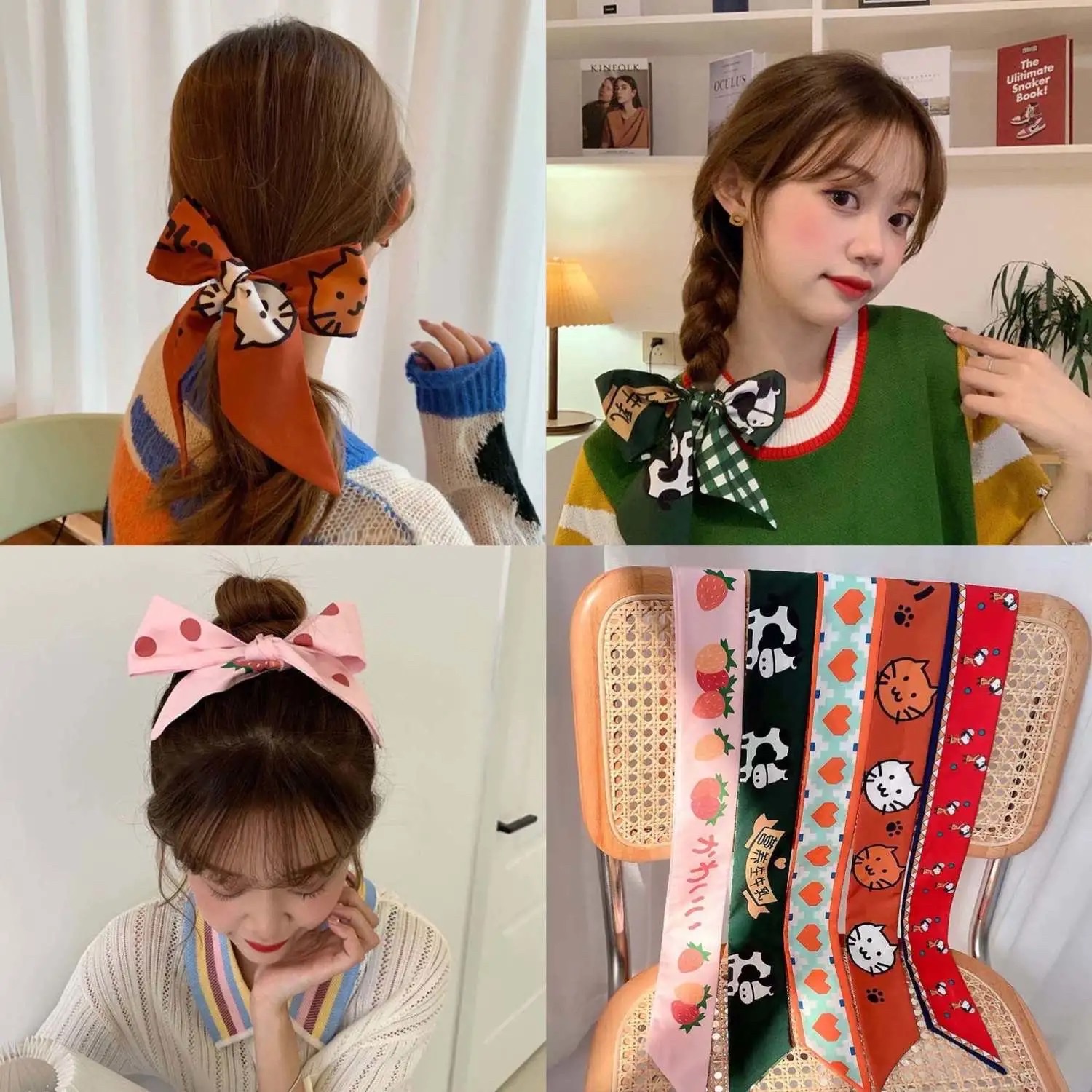 Silk Scarf French Headband Spring And Autumn Thin Lazy Retro Silk Scarf Women Small Long Ribbon Decorative Scarf Headscarf Streamer Application Scenario
