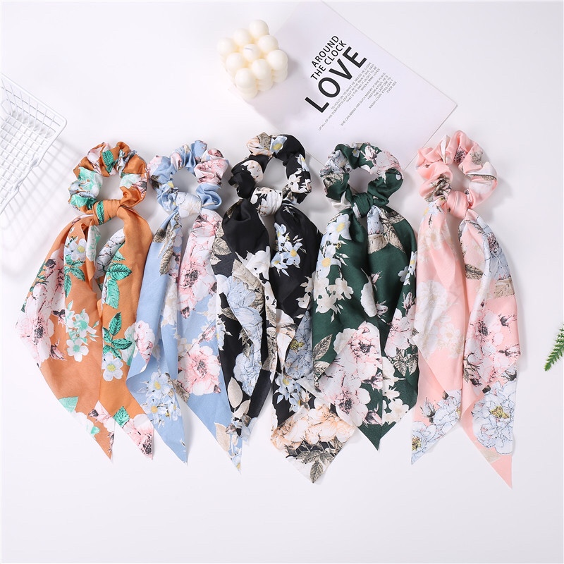 Custom 2021 Spring/Summer New Floral Ponytail Hair Band Europe And The United States Fashion Ol Satin Printed Streamer Large Hair Band