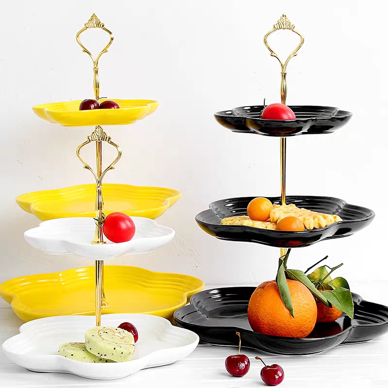 Bandeja de frutas de cerámica pastelería creativa bandeja multicapa snack snack bandeja de frutas secas triple layer detail image 7