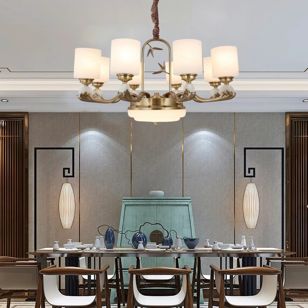 Guozao todo cobre estilo chino jade sala de estar candelabro atmósfera simple 6 cabezas