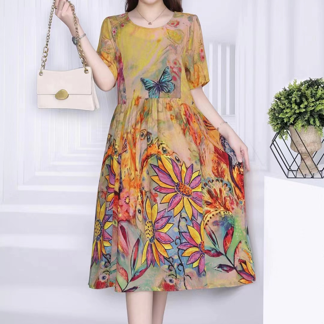 Summer new short-sleeved Xiangyunsha long dress