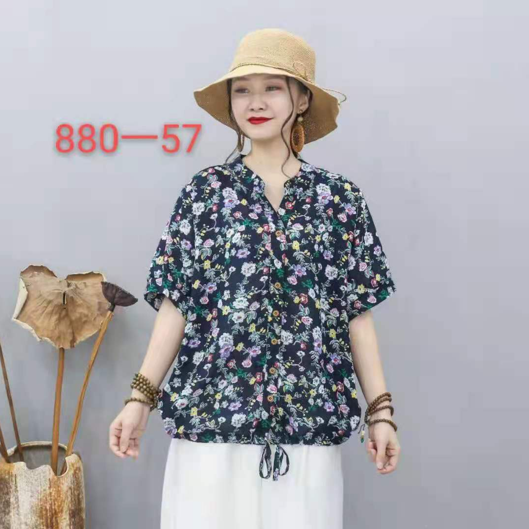 2021夏装新款短袖碎花宽松显瘦遮肚洋气大码女装雪纺短款上衣小衫