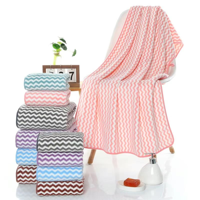 Yiwu good goods coral velvet stripe super absorbent bath towel towel set men and women do not shed hair thumbnail