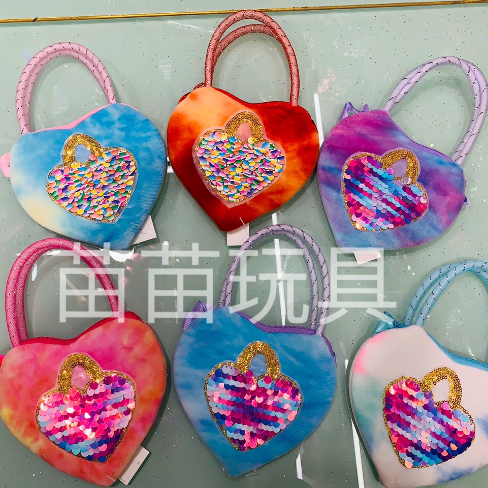 Plush toy crossbody bags, plush handbags, plush crossbody bags, children's cute plush hand-held colorful heart-shaped sequined crossbody bags, new crossbody bags