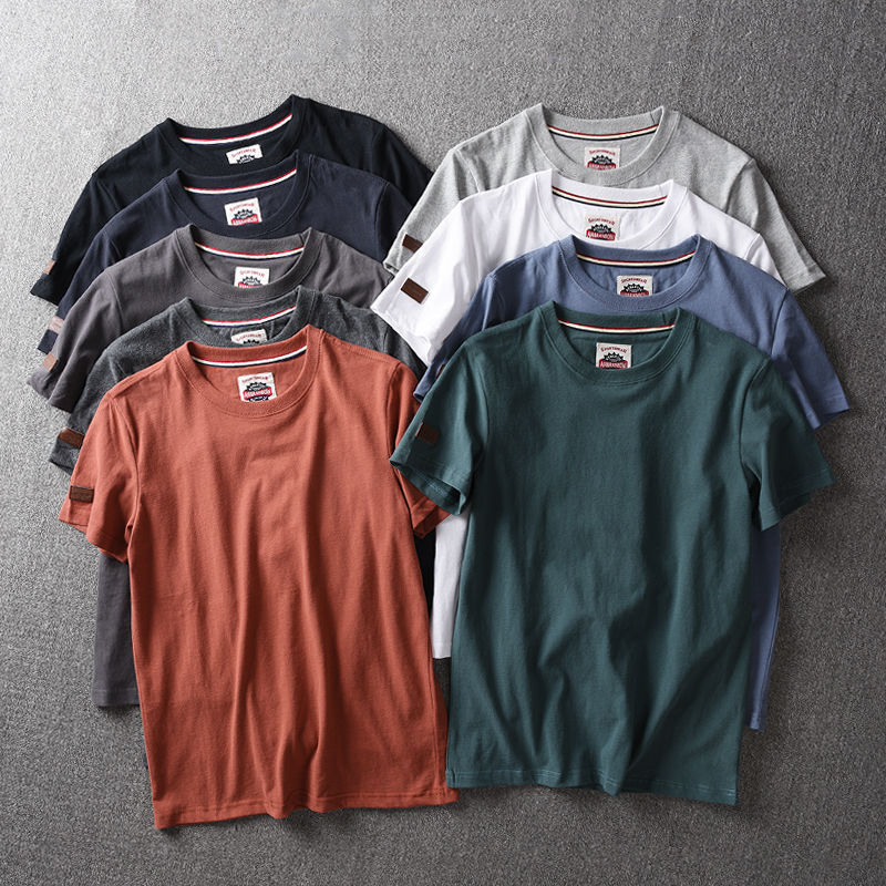 夏季 外贸男装水洗磨毛纯棉面料男士纯色圆领短袖T恤男欧美单t恤16