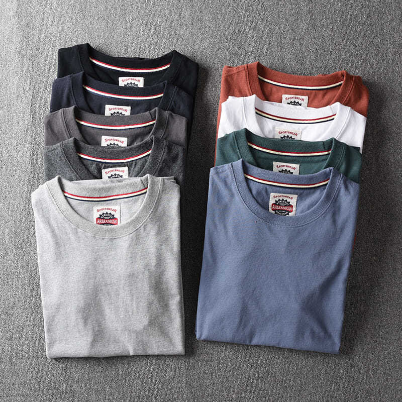 夏季 外贸男装水洗磨毛纯棉面料男士纯色圆领短袖T恤男欧美单t恤5