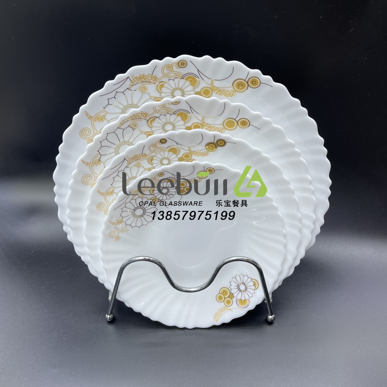 白玉瓷钢化玻璃餐具金色贴花12寸盘