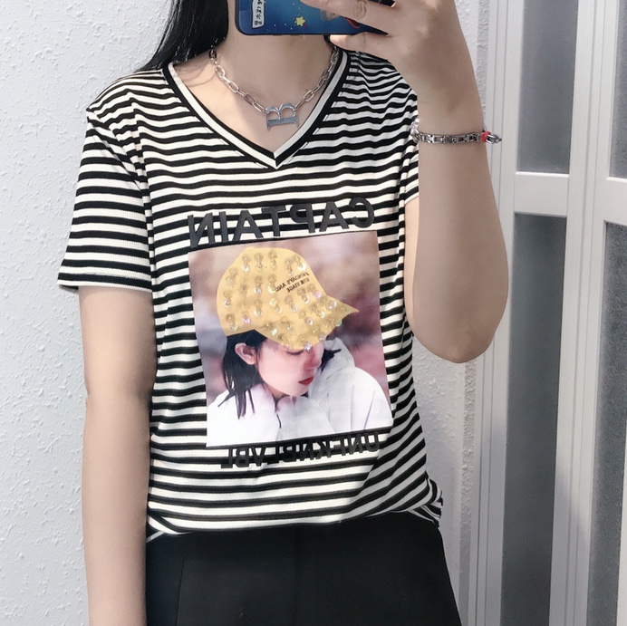 T-shirt, V-neck, short-sleeved top for women