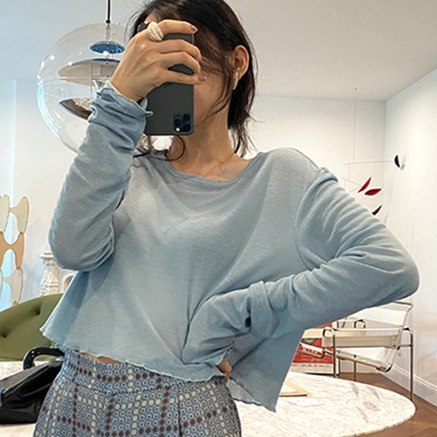 透感外搭长袖空调打底衫百搭显瘦设计感辣妹短款上衣防晒衣女夏薄