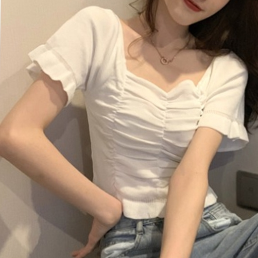 短袖女装t恤2021年夏季新款方领修身打底薄款冰丝针织衫法式上衣