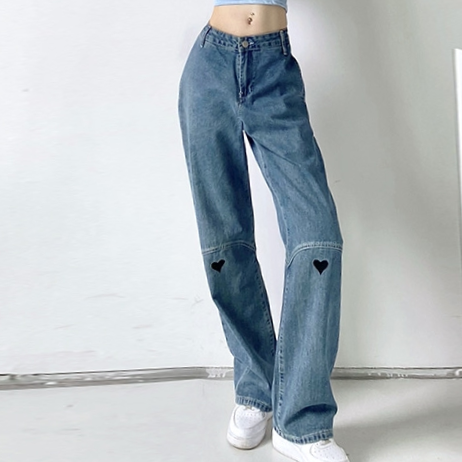 Jeans with a heart-shaped design for women, high-waisted straight-leg floor-length wide-leg pants, thin style