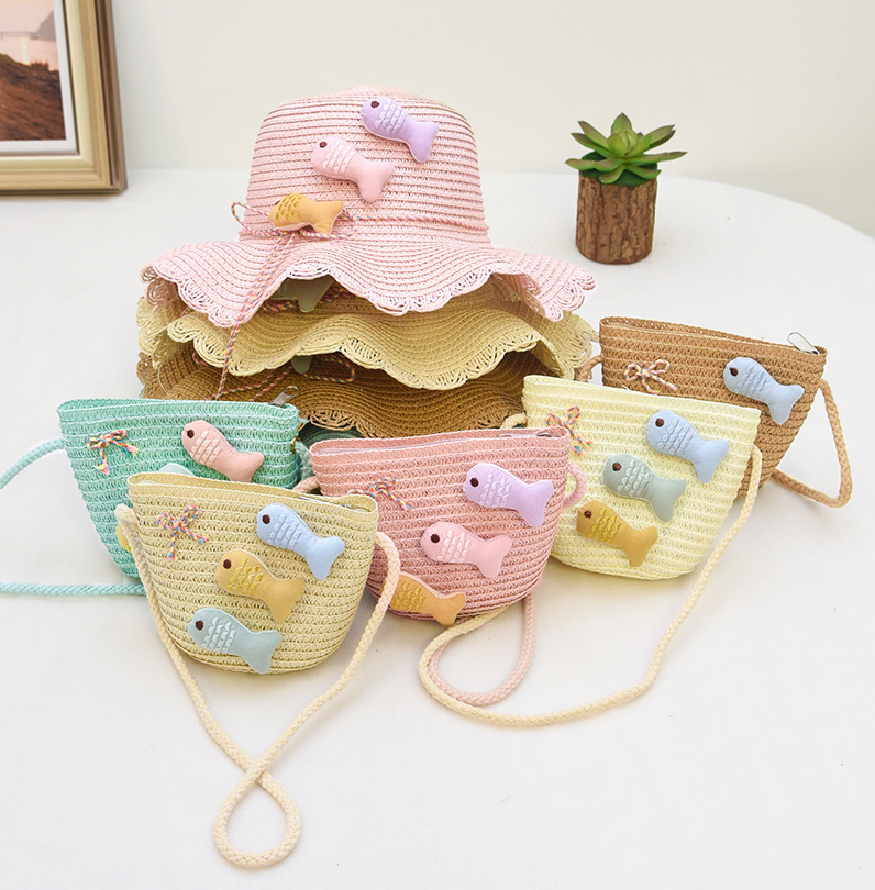 Children's summer cool hats for girls, red and stylish children's hats for princess girls, summer sun protection and shade grass, many fish detail image 1