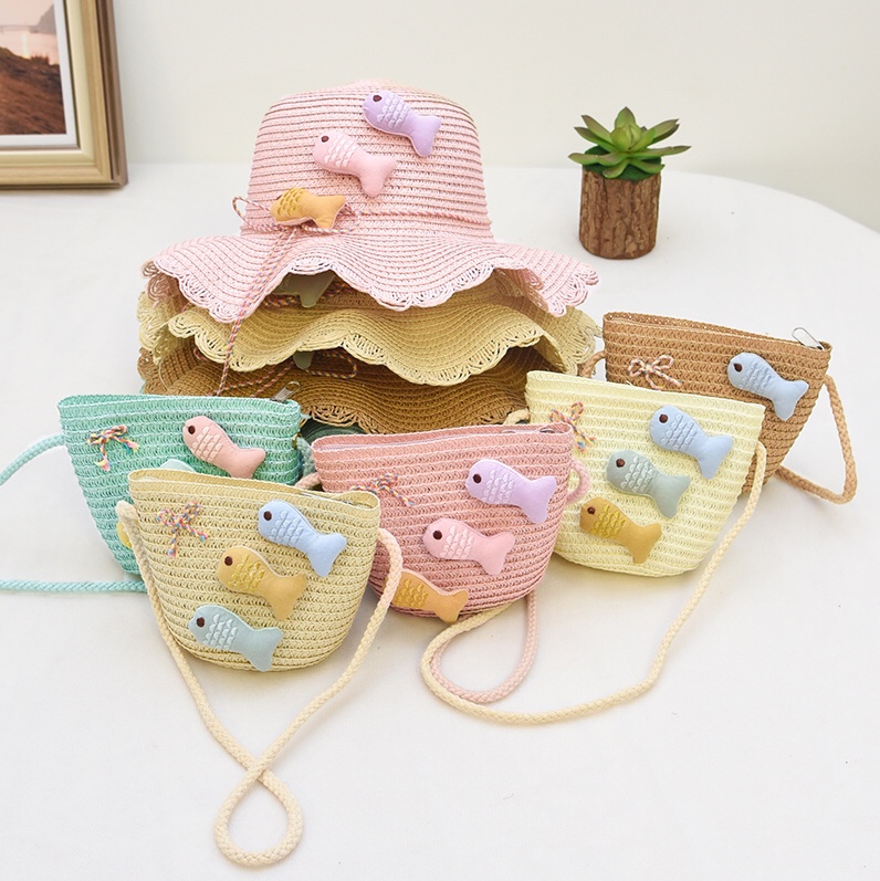 Children's summer cool hats for girls, red and stylish children's hats for princess girls, summer sun protection and shade grass, many fish