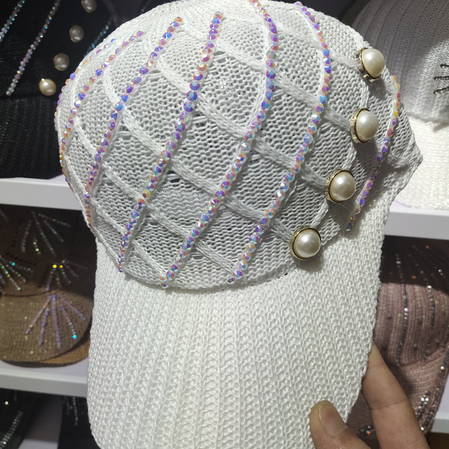 Fashion Dot Diamond Pearl Knitted Baseball Cap