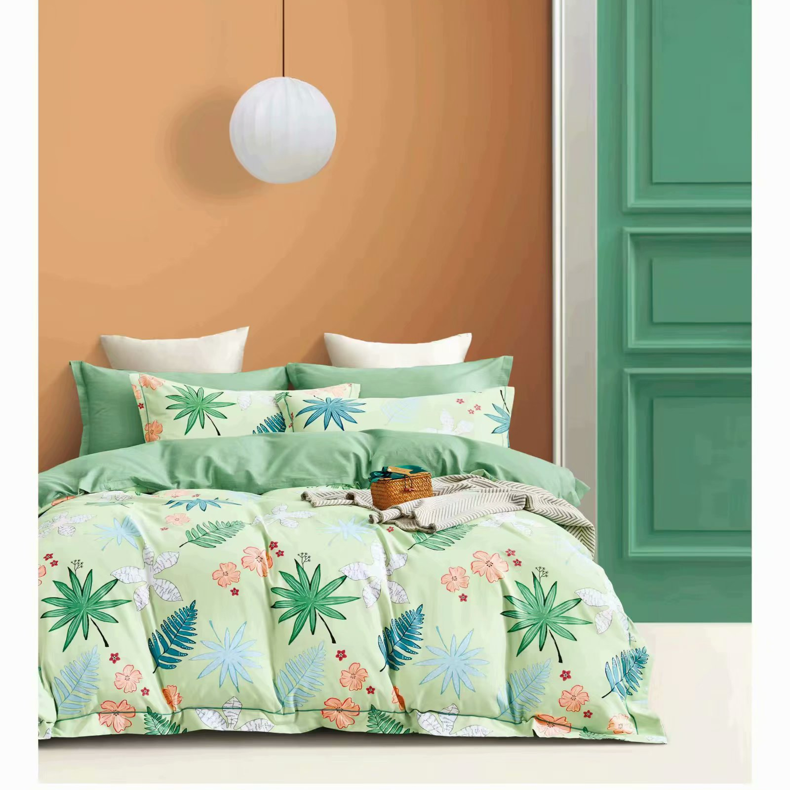 2021 New product in stock all-cotton four-piece set: Leaves Whisper, Wind Blows Green