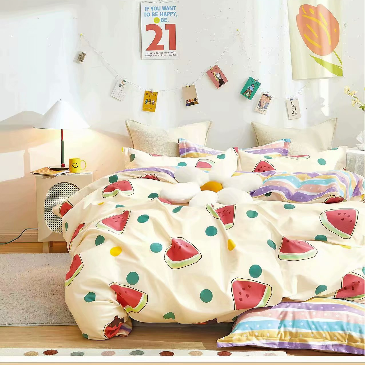New in-stock all-cotton four-piece set watermelon milkshake in beige