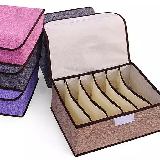 棉麻6格内衣盒  现货供应，可以混色 可折叠 多用内衣盒 文胸盒 详情图1