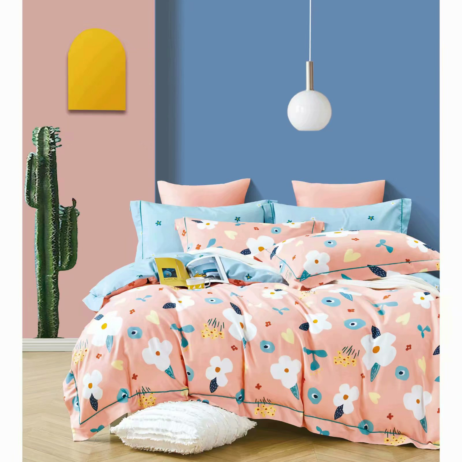 New in-stock all-cotton four-piece set with fun flower language in pink and blue