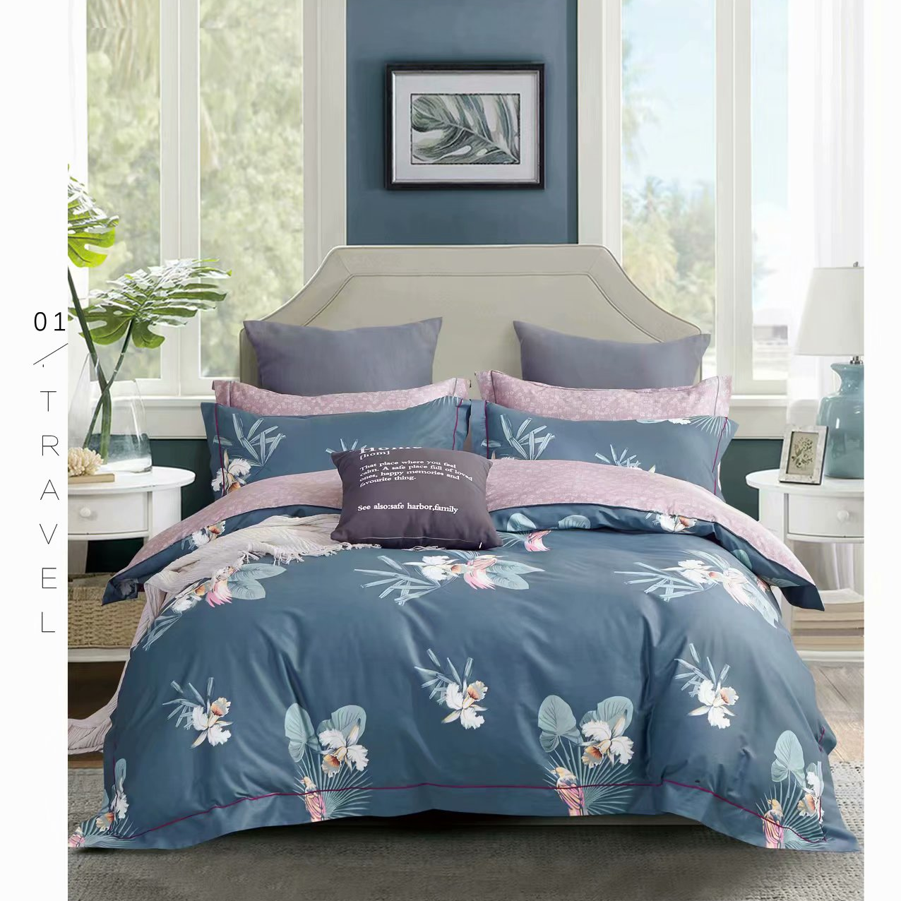 New all-cotton four-piece set in stock, Birdsong and Floral blue