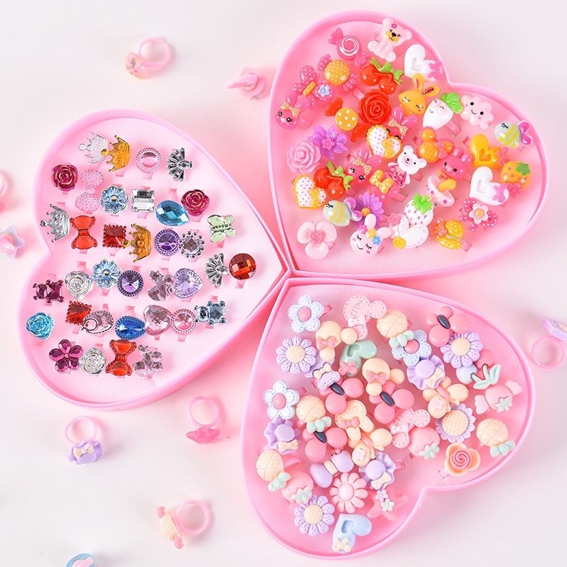 卡通亚克力戒指环保树脂桃心盒36入儿童卡通戒指