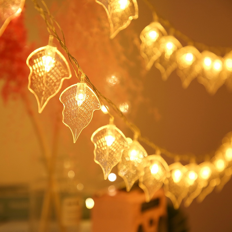 Cross-border new led lights flashing light string light willow leaf tree leaf light string waterproof garden branch lighting decorative light 2 meters 10 light battery box