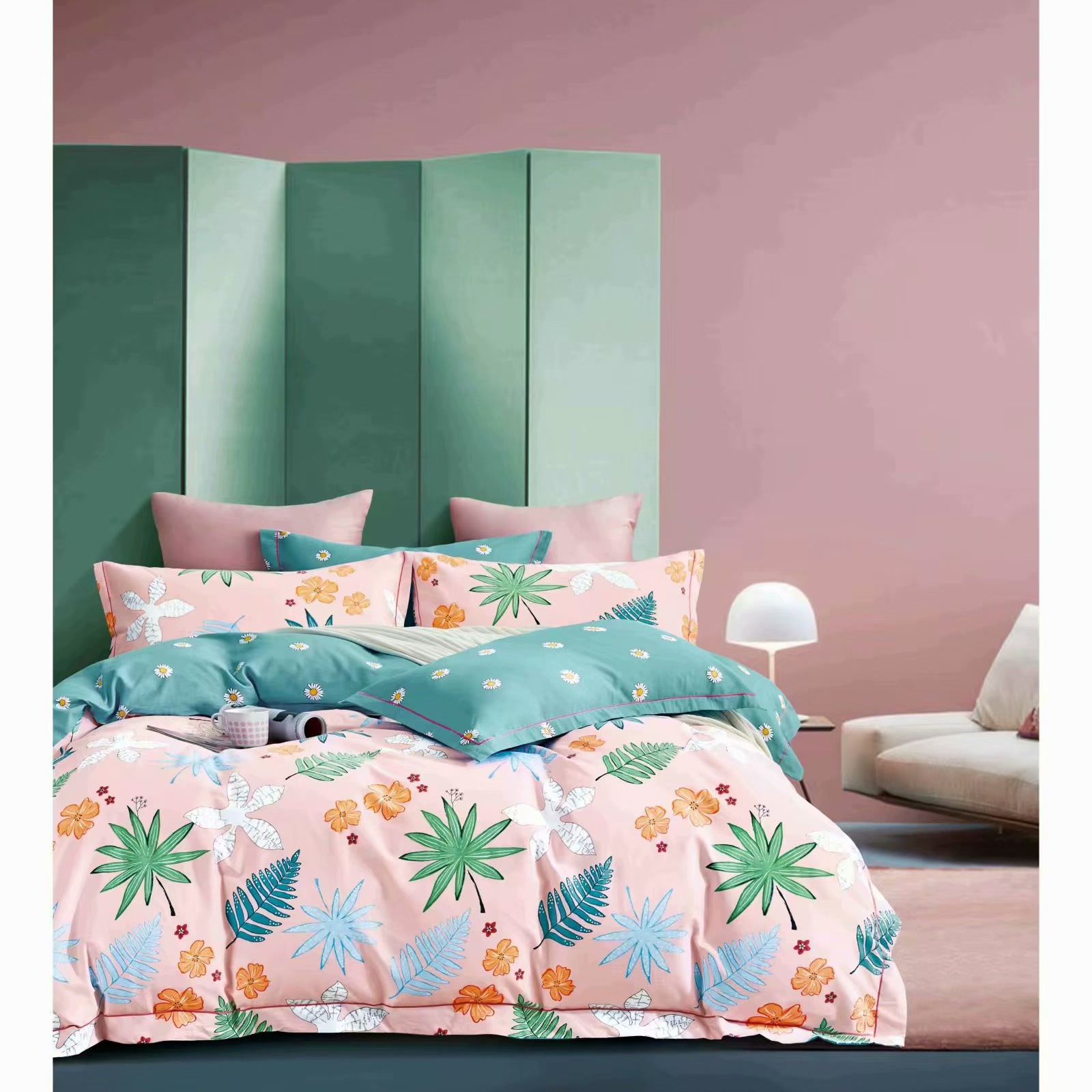 Four-piece set, all-cotton, wholesale and retail in stock, pink leaf whispers and wind sounds