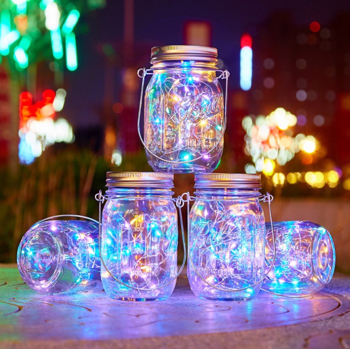 Solar Mason bottle lights, star lights, firefly lights, balcony rooftop colored lights, cracked glass, outdoor yard decorative hanging lights, internet-famous night lights, colorful
