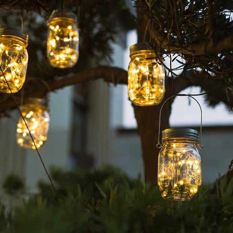 Solar Mason bottle lights, star lights, firefly lights, balcony rooftop colored lights, cracked glass, outdoor yard decorative hanging lights, internet-famous night lights, warm white