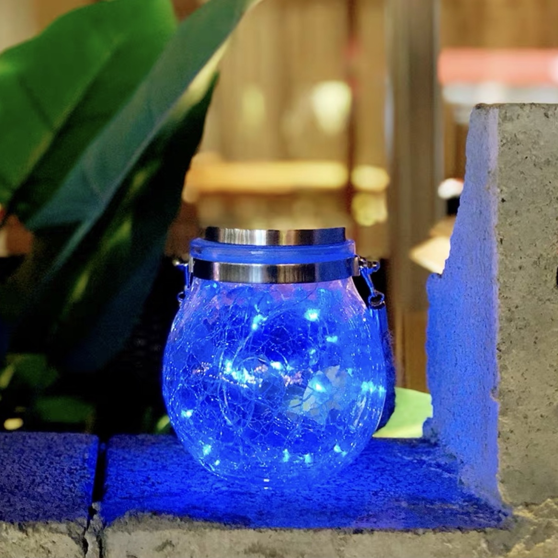 Solar Mason bottle lamp, star lamp, firefly, balcony and rooftop colored lamp, cracked glass, outdoor yard decorative hanging lamp, blue