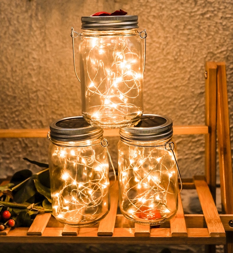 Solar Mason bottle lights, star lights, firefly lights, balcony rooftop colored lights, cracked glass, outdoor yard decorative hanging lights, internet-famous night lights, warm white detail image 3