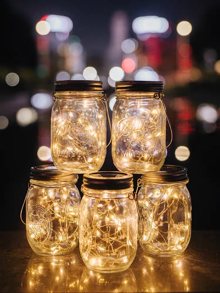 Solar Mason bottle lights, star lights, firefly lights, balcony rooftop colored lights, cracked glass, outdoor yard decorative hanging lights, internet-famous night lights, warm white detail image 1