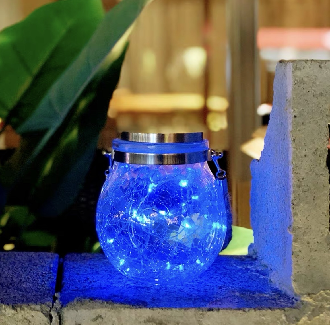 Solar Mason bottle lamp, star lamp, firefly, balcony and rooftop colored lamp, cracked glass, outdoor yard decorative hanging lamp, blue details Picture