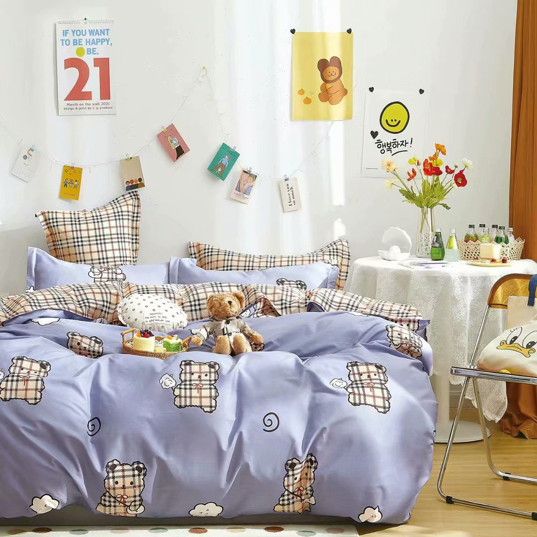 Four-piece set retail wholesale, all-cotton in stock, Mengmeng Bear Purple