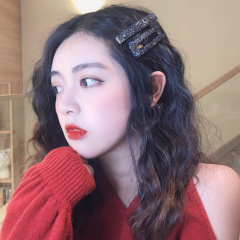 发夹女韩国ins少女气质边夹刘海夹子头饰简约风方形水钻发卡套装详情图1