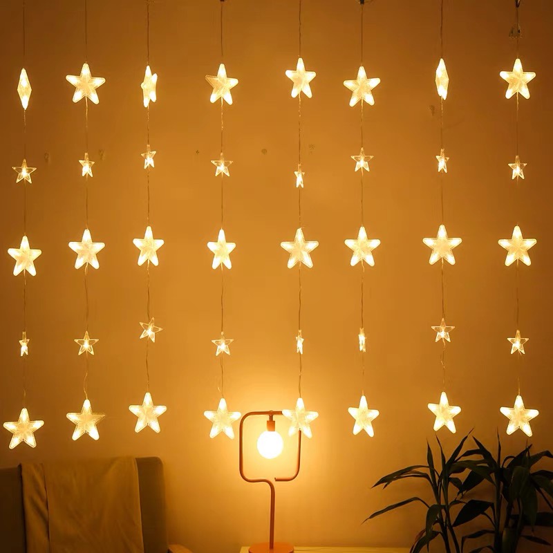 led Star Lights Flashing lights Full Star string lights Home room decoration Bedroom decoration curtain lights Ice strip lights Star 8 hanging 2.5*1 m high warm white