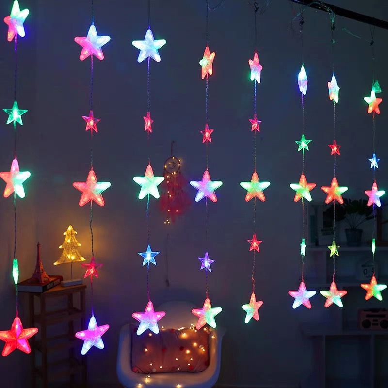 led Star Lights Flashing lights Full Star string lights Home room decoration Bedroom decoration curtain lights Ice strip lights Star 8 hanging 2.5*1 m high color